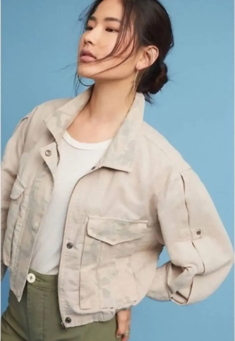 Anthropologie Hei Hei Ronan Tan Camouflage Cropped Linen Jacket Size XL Boho Y2K